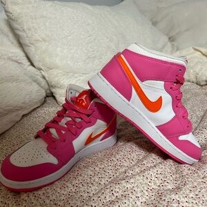 Big Kid's Jordan 1 Mid Pinksicle/Safety Orange-White